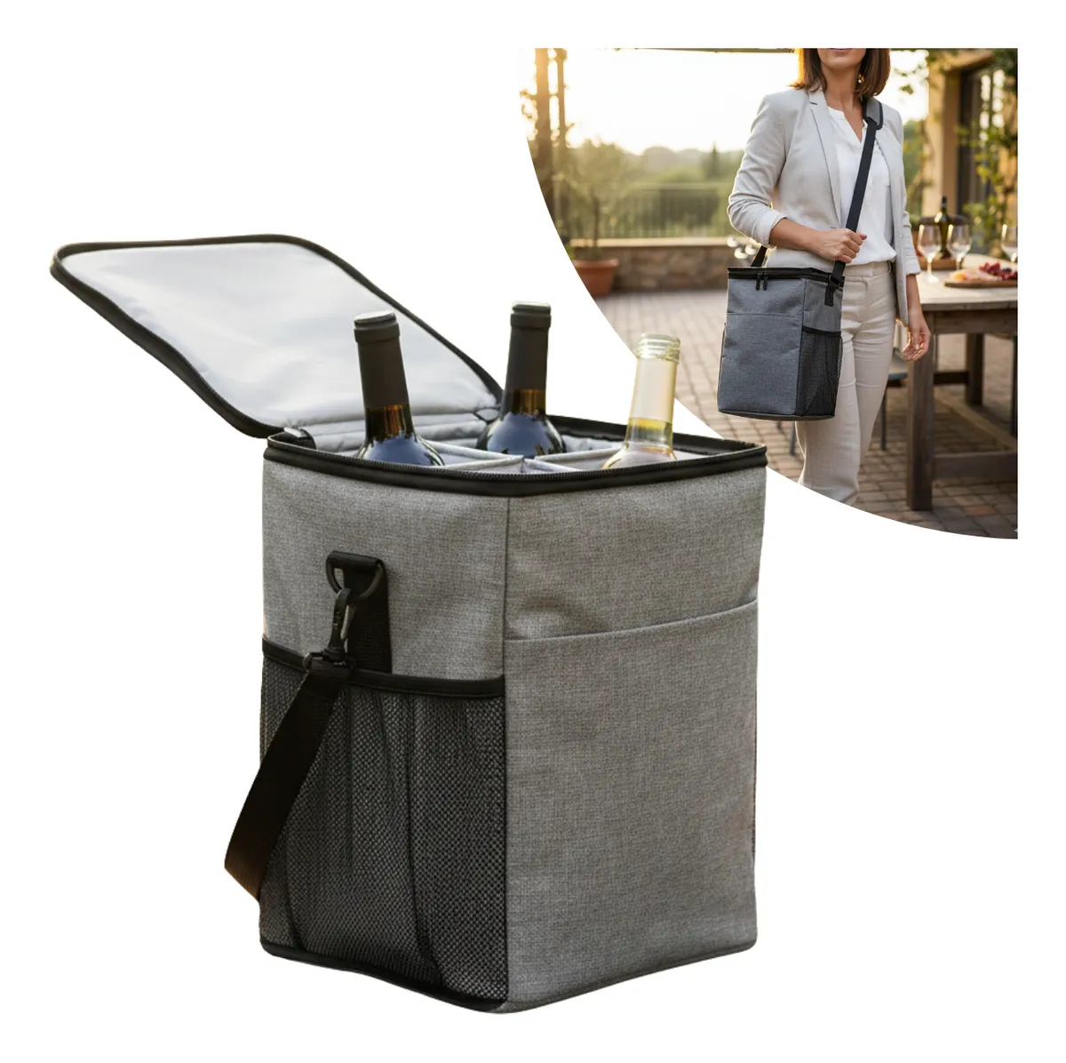 Bolsa Térmica Vinho Champanhe Wine Bag 4 Garrafas Cinza