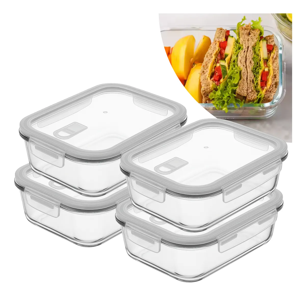 Conjunto 4 Potes 1050ml Vidro Hermético Retangular Marmita Transparente