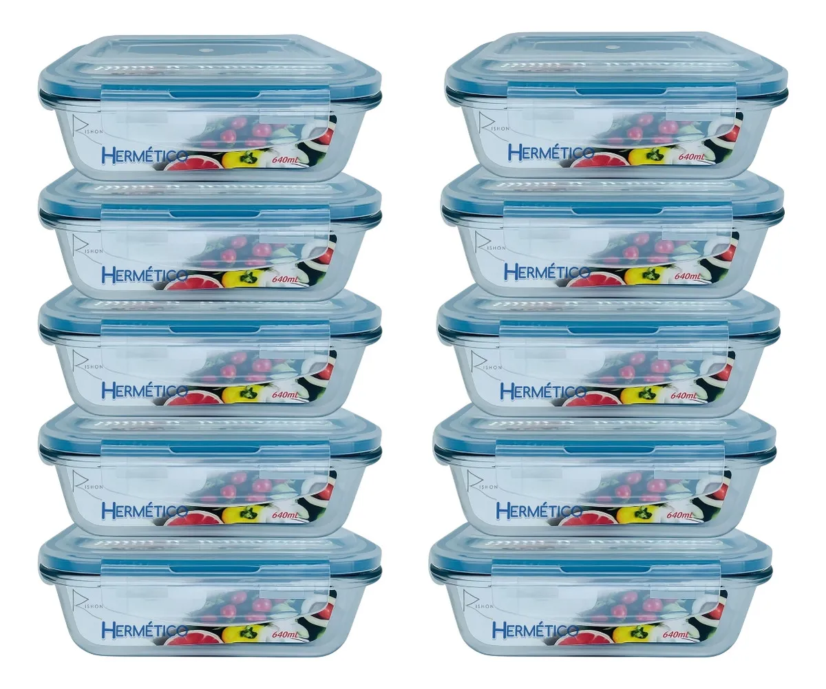 Kit 10 Pote Hermético De Vidro Retangular 640ml Rishon Azul-claro