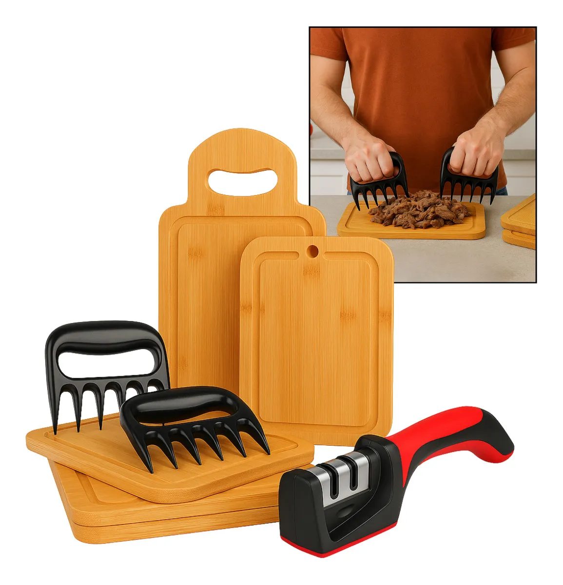 Kit 8 Peças Tábua De Corte Churrasco Afiador Faca Garra Urso